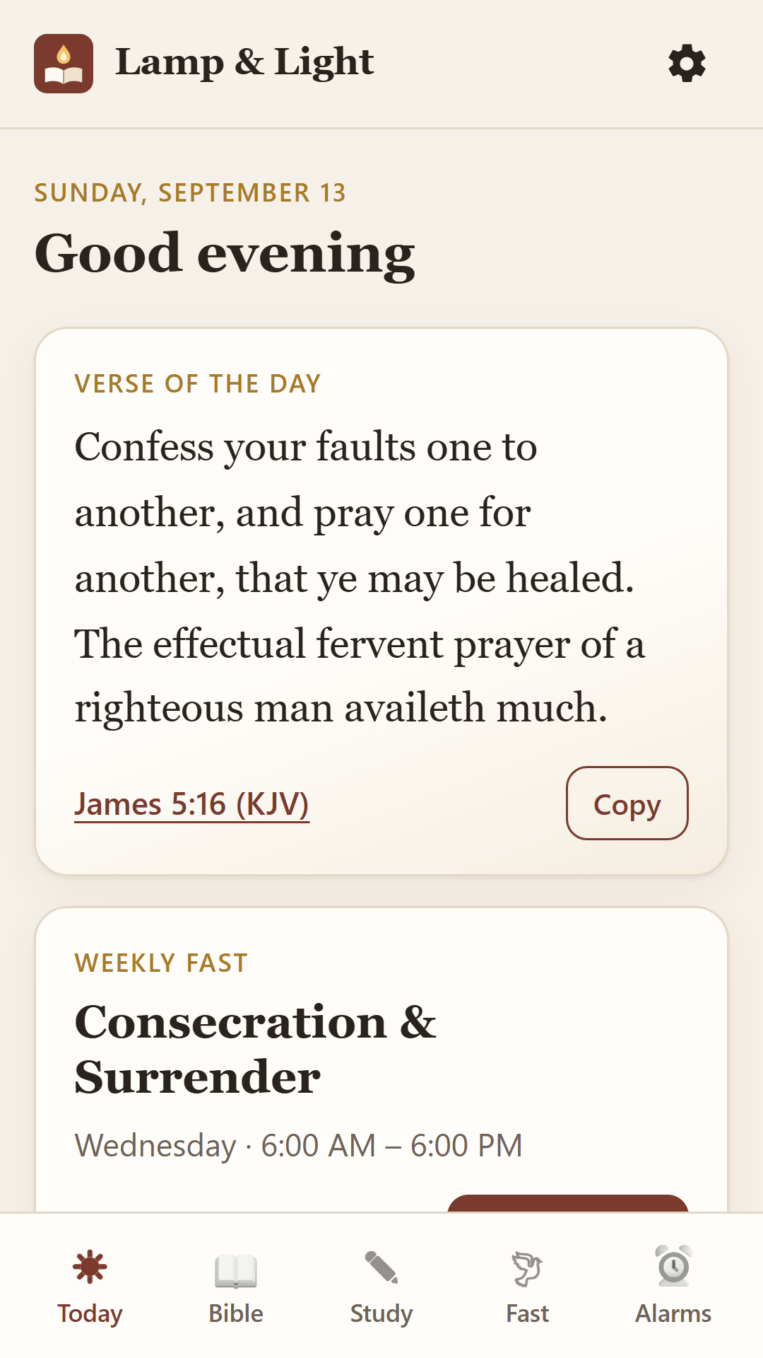 Today screen with verse of the day and weekly fast