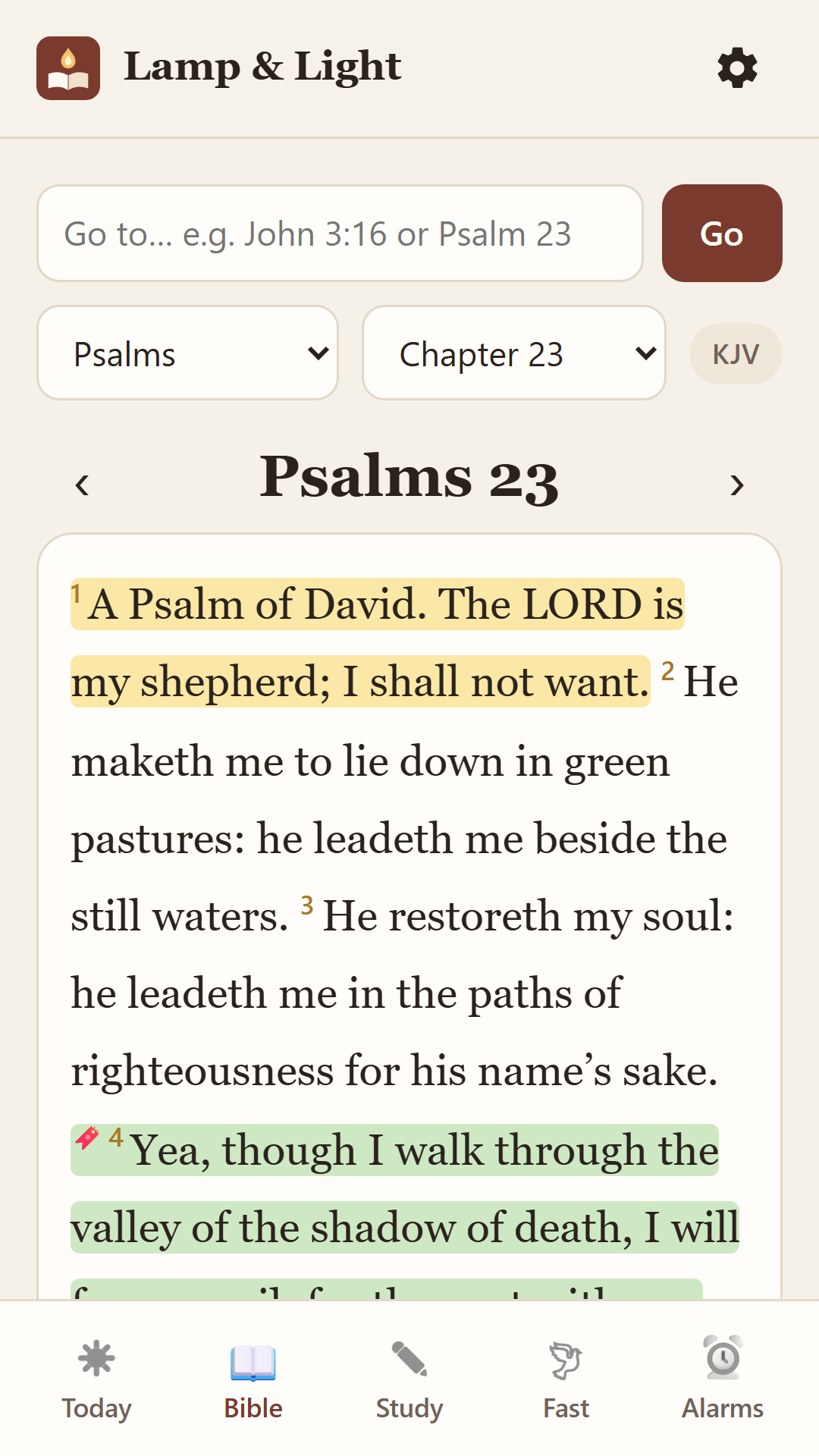 Bible reader showing Psalm 23 with highlights