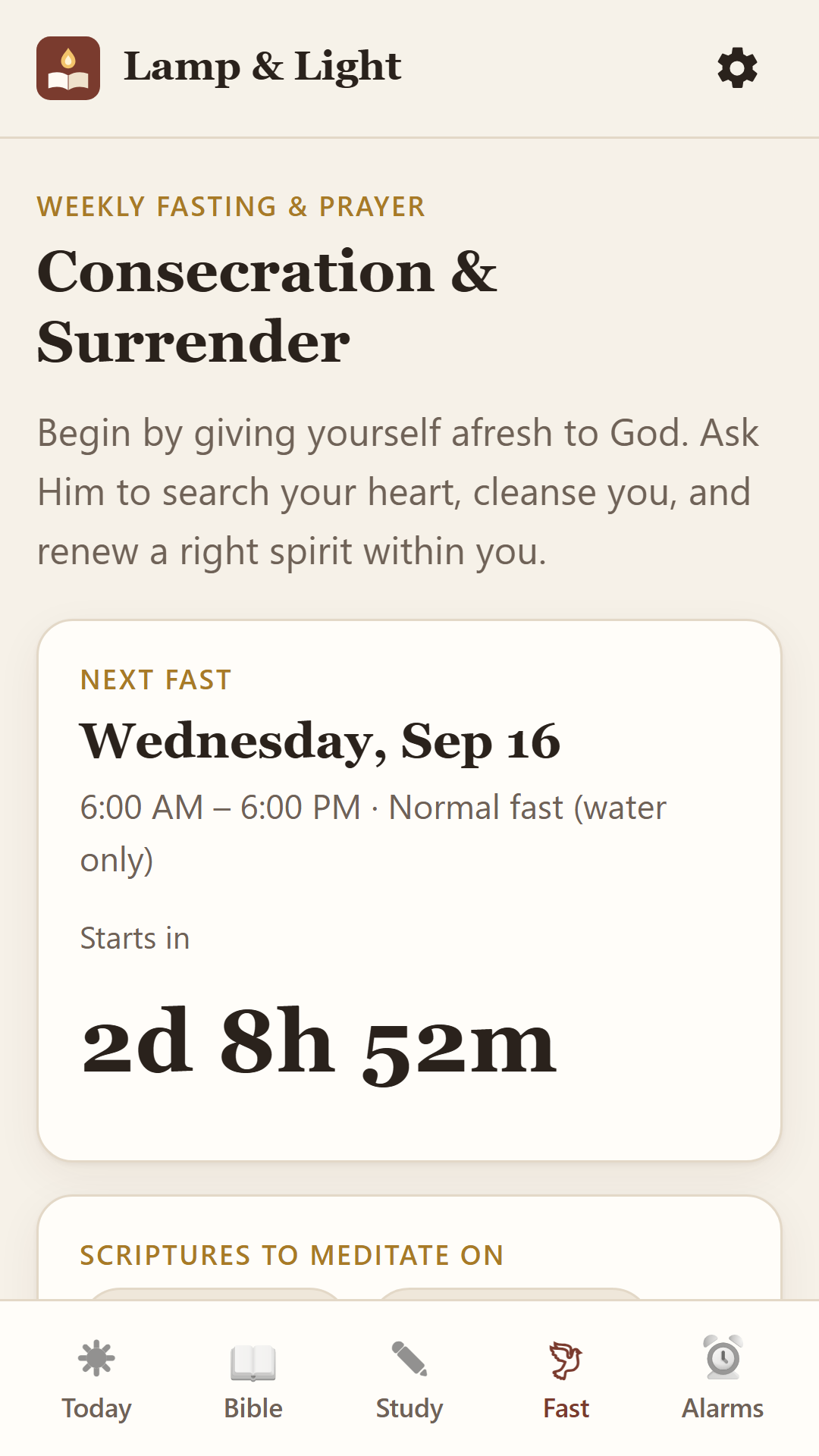 Weekly fasting guide with countdown